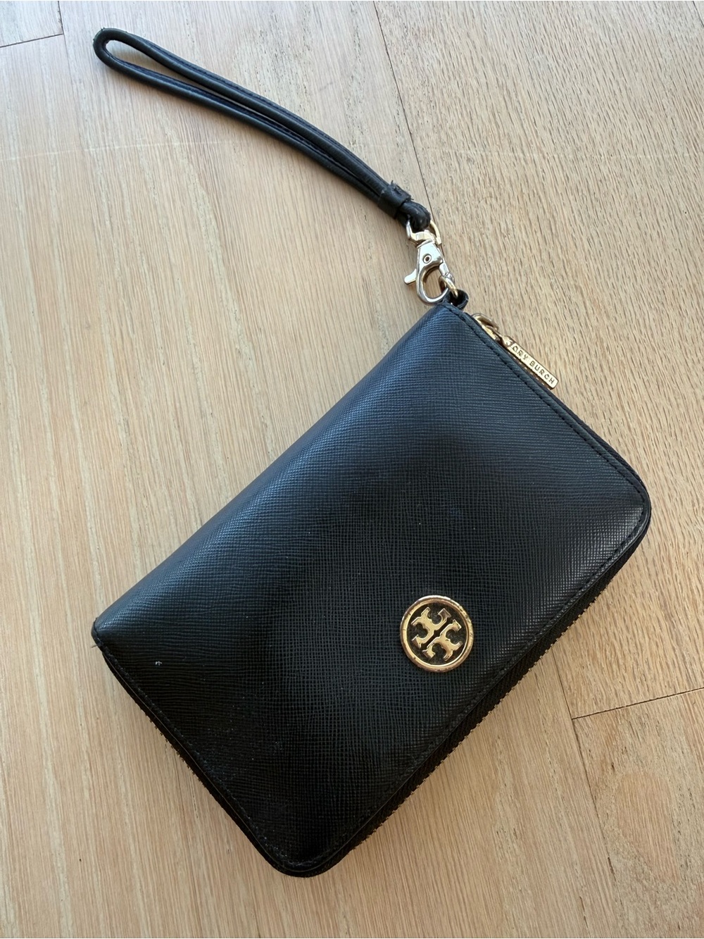Tory Burch Black Leather Zip Wristlet with Gold Logo